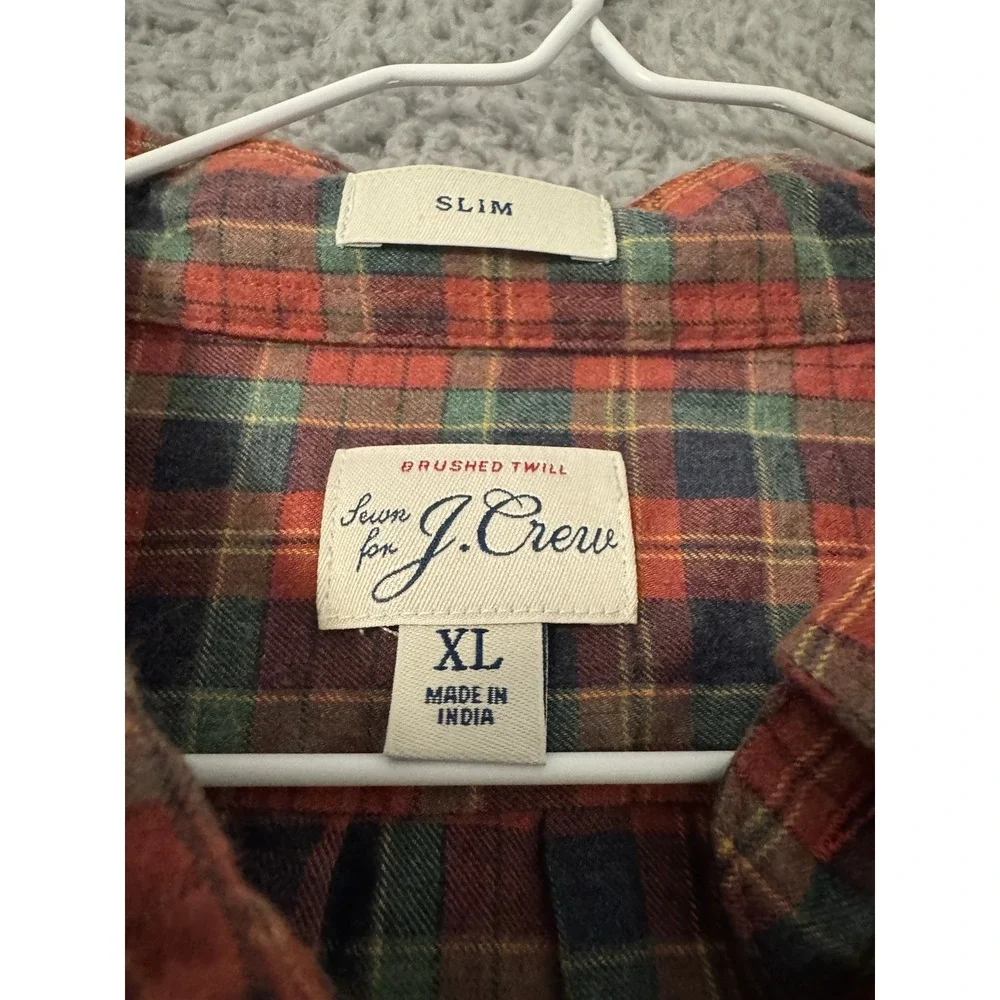 J Crew‎ Shirt Men Extra Large Red Check Slim Fit Brushed Twill Button Up